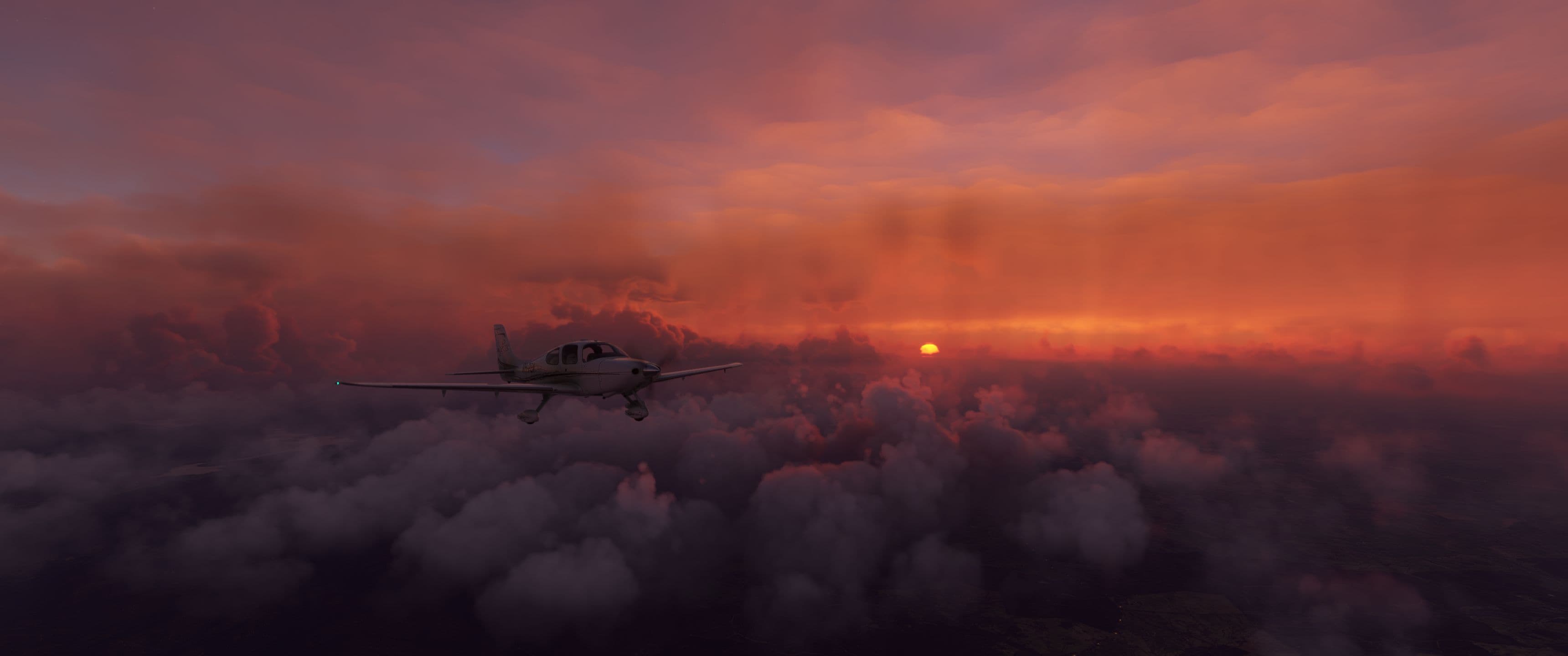 A light aircraft flying above the clouds at sunset in Microsoft Flight Simulator