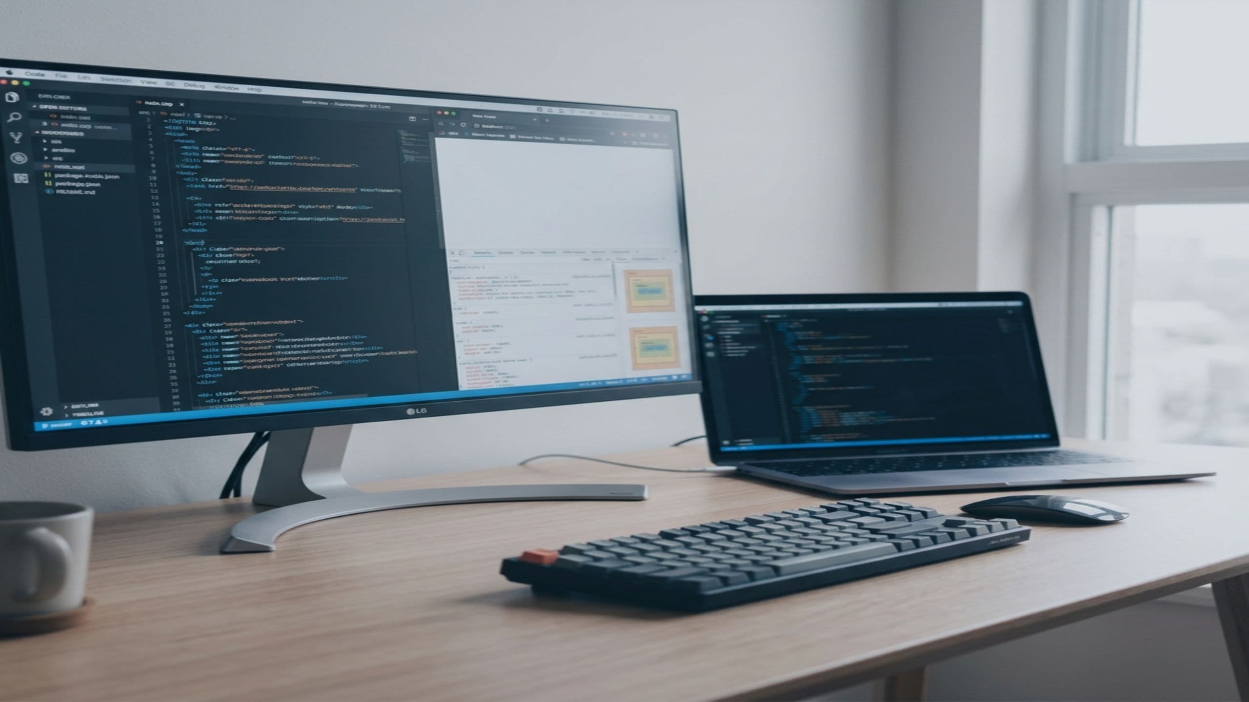 A desk with an external monitor and laptop showing code, next to a window